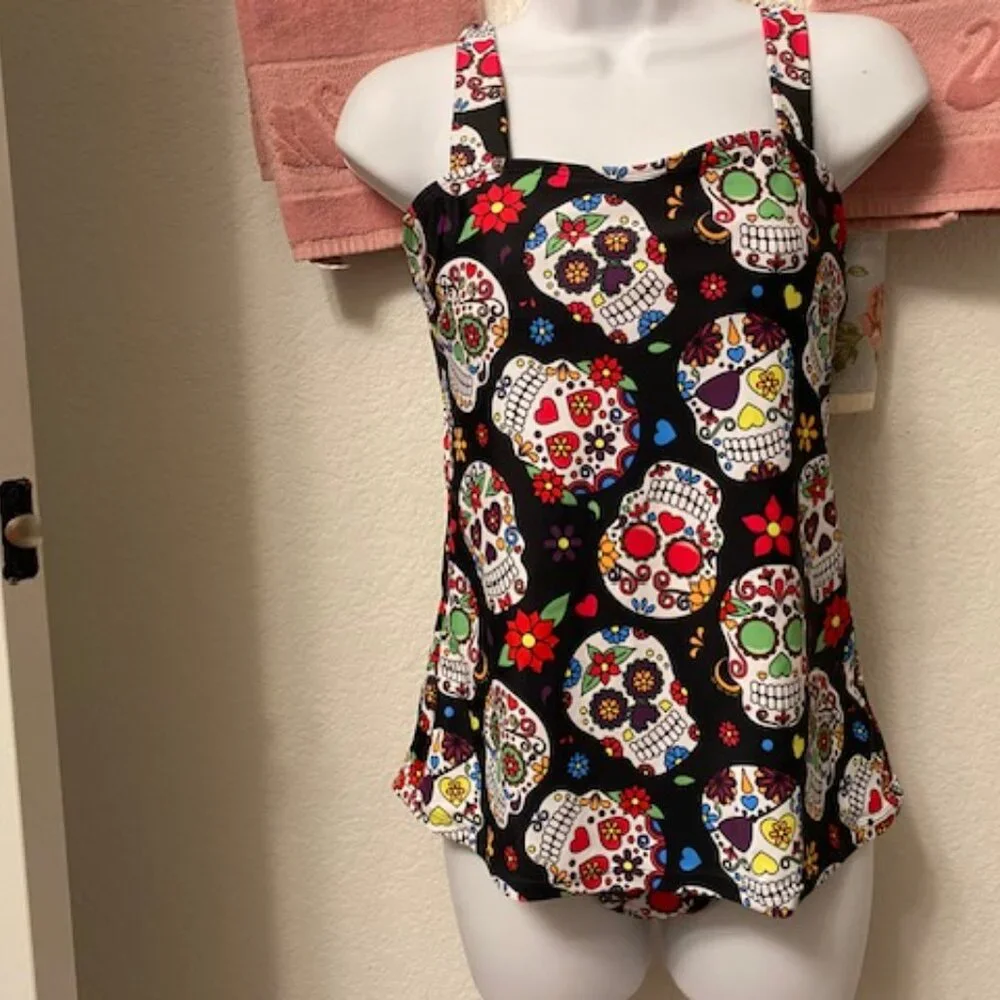 SUGAR SKULL Black Skulls & Flowers DAY OF DEAD Full Coverage TANKINI Swimsuit S - Picture 2 of 11